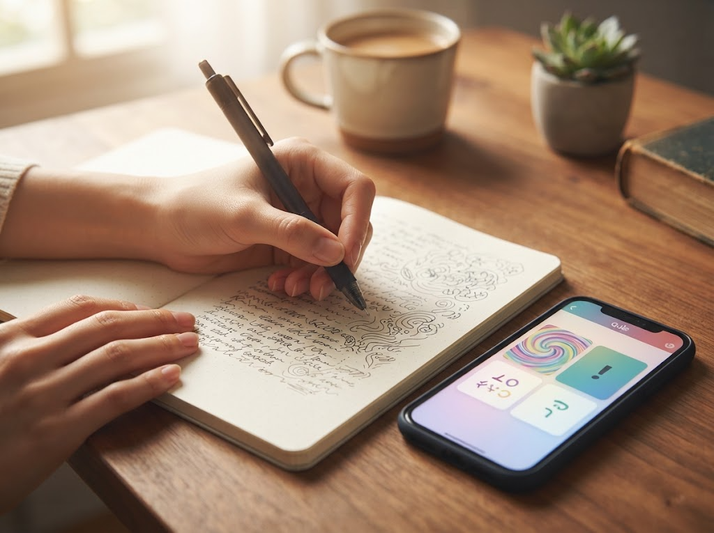 スマートフォンで一問一答の学習アプリを使う女性の手元