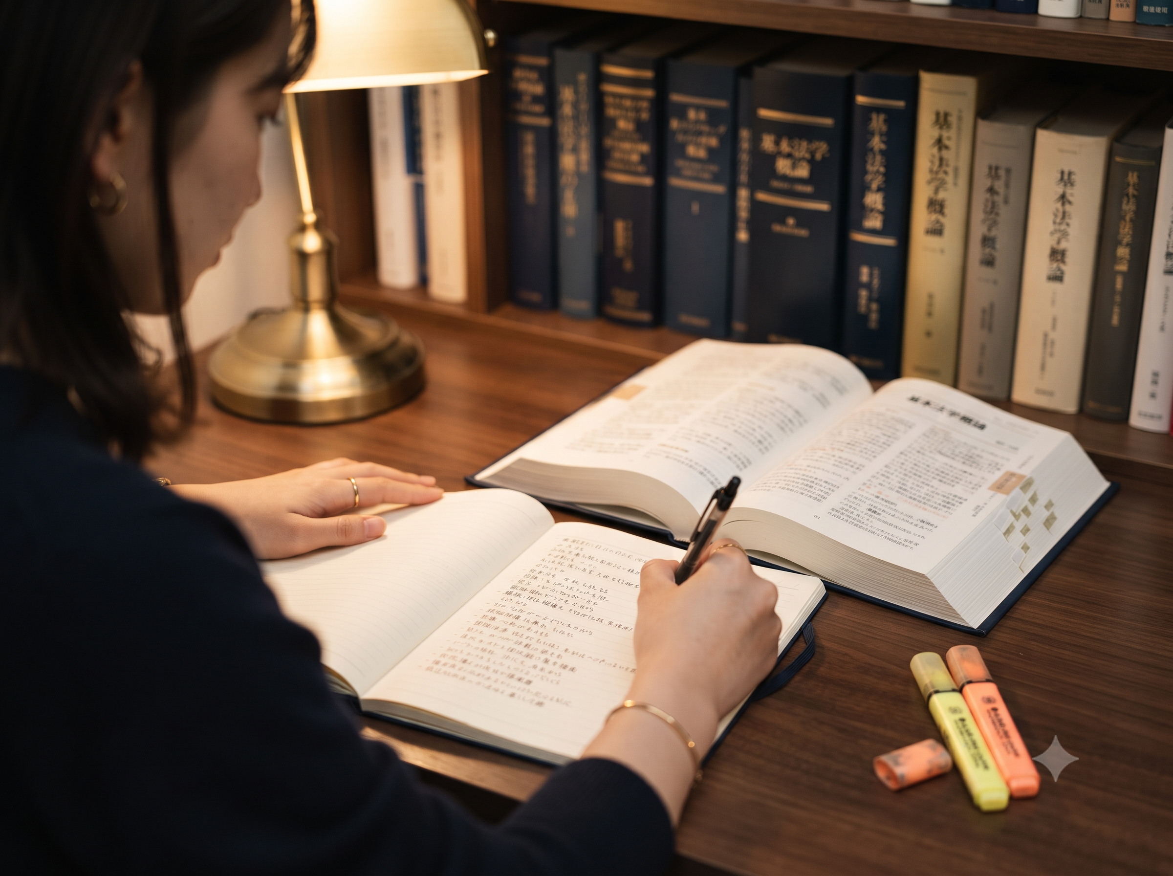 法律系の参考書とノートを使って学習する様子