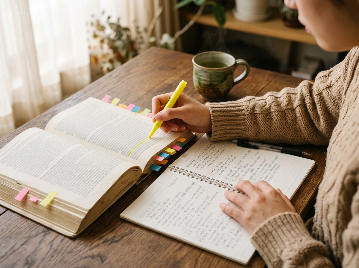 テキストに付箋を貼り、蛍光ペンで線を引きながら事前学習をする手元
