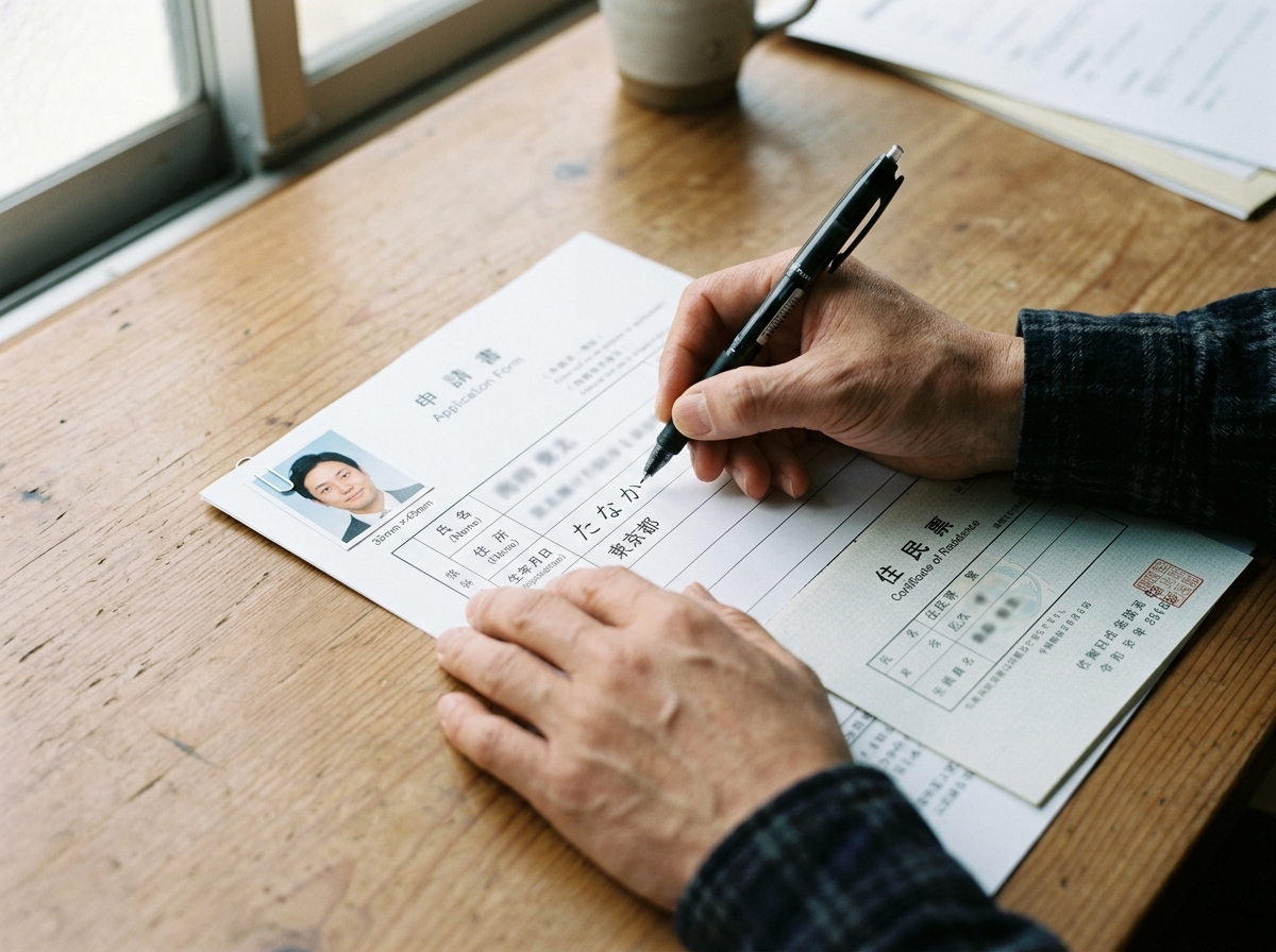 登録申請書に記入する手元